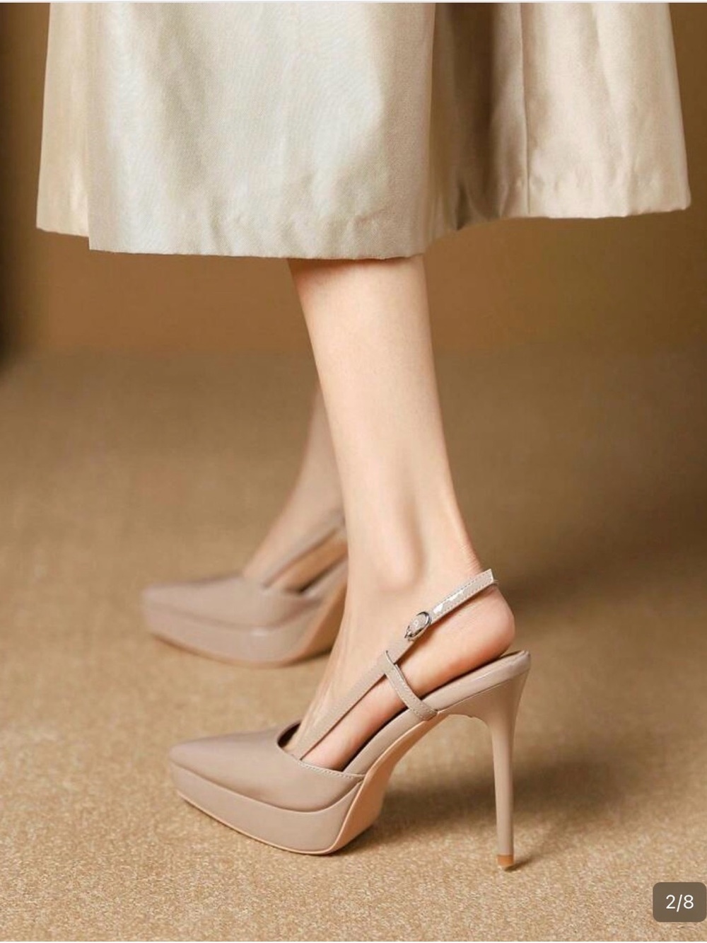 Pointed Toe Nude Slingback Stiletto Pumps - Picture 3 of 16